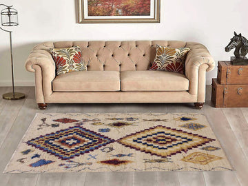 handmade Modern Moroccan Ivory Blue Hand Knotted RECTANGLE 100% WOOL area rug 5x7